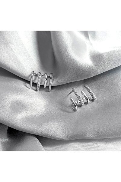 toptanhanem Dört Sıralı Zirkon Taşlı Gümüş Kaplama Çelik Küpe - Şık ve Modern Tasarım, Alerji Yapmaz
