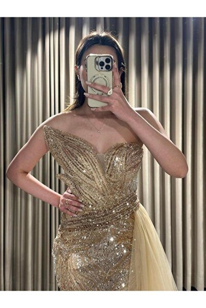 Kaleiçi Yıldızlar Gold Straplez Pul Payet İşlemeli Abiye 933