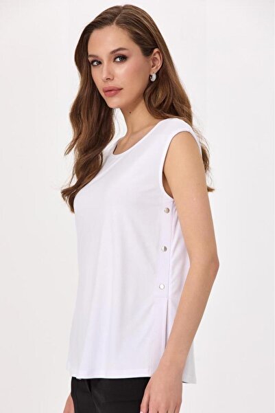 İKİLER Round Neck Side Snap Detail Sleeveless Blouse