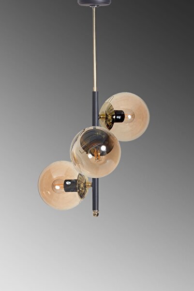 Luzarana Perla 3 Lü Siyah-Gold Metal Gövde Bal Camlı Tasarım Lüx Avize