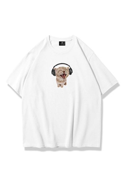 Trendiz Unisex Cat with Headphones T-Shirt White