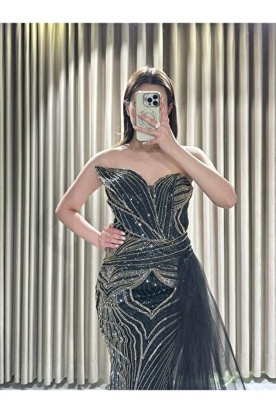 Kaleiçi Yıldızlar Siyah Straplez Pul Payet İşlemeli Abiye 933