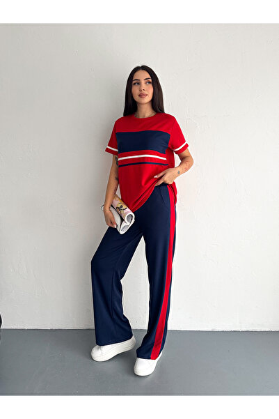 sportiness Soft Texture Garnish Striped Detail Wide Leg Modal Fabric Tracksuit Set