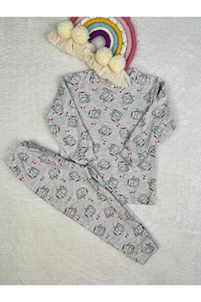 Little Miny Kids Minykids Cat Pattern Gray Girl's Pajama Set