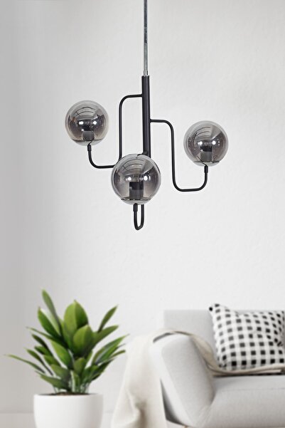 Luzarana Tera 3 Lü Siyah-Krom Metal Gövde Füme Camlı Tasarım Lüx Avize