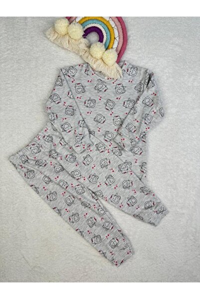 Little Miny Kids Minykids Cat Pattern Gray Girl's Pajama Set