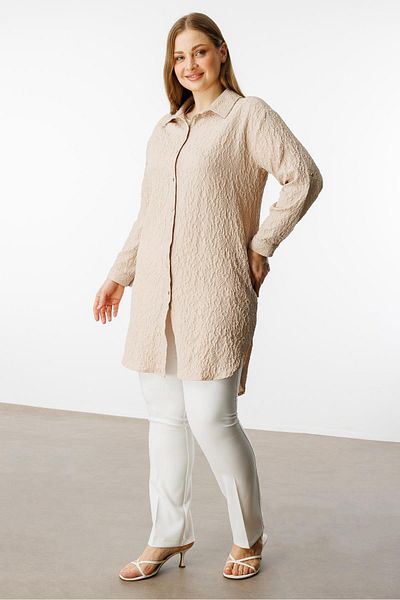 Moda İlgi Large Size Women's Long Tunic 4218 Stone Seersucker