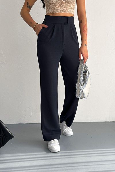 Polo State Women's Navy Blue High Waist Pleated Fabric Trousers