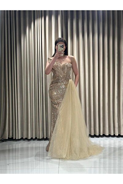 Kaleiçi Yıldızlar Gold Straplez Pul Payet İşlemeli Abiye 933