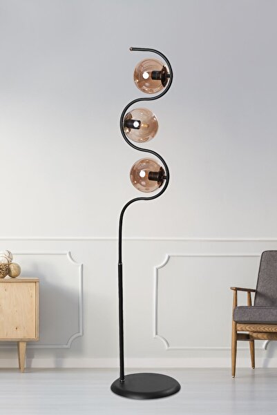 Luzarana Roxy Siyah-Gold Metal Gövde Bal Camlı Tasarım Lüx Yerden Aydınlatma Lambader