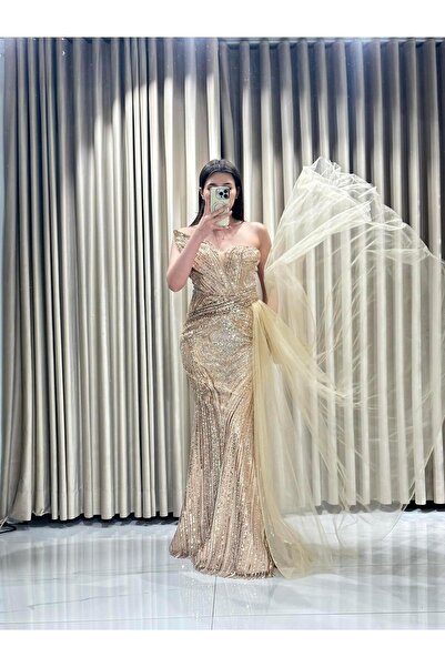 Kaleiçi Yıldızlar Gold Straplez Pul Payet İşlemeli Abiye 933