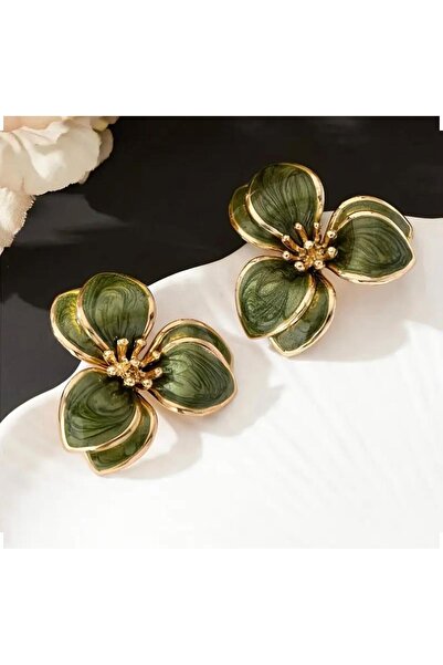 Tudivanyu Aksesuar الحلو زهرة خمر منقوشة الأقراط الخضراء