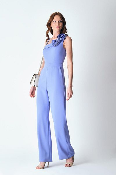 EXPLOSION Asymmetric Collar Fabric Flower Detailed Side Pocket Wide Leg Jumpsuit