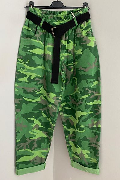 AYASOFYA OTANTIK Green Ray Camouflage Patterned Elastic Belted Loose Lycra Women's Trousers
