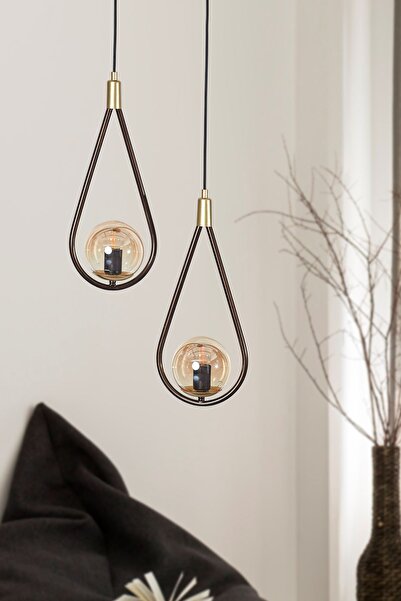 Luzarana Siena 2 li Sarı-Eskitme Metal Gövde Bal Rengi Camlı Tasarım Lüx Avize