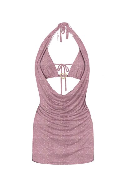 Gülşah Evecen Simli Kalp Detay Degaje Yaka Elbise (Bralet Dahildir.)