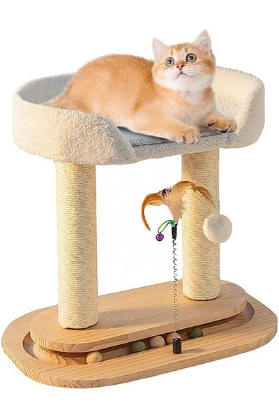 EXRP 5-in-1 Small Wooden Cat Tree Tower,Natural Sisal Cat Scratching Post with Bed for Indoor Cats