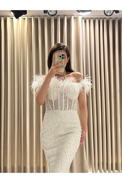 Kaleiçi Yıldızlar Beyaz Kayık Yaka Transparan Abiye