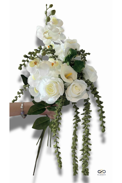 NilCan Flora Gelin Çiçeği Gelin Buketi Islak Dokulu Beyaz Orkide, Beyaz Gül v...