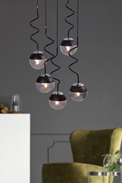 Luzarana Stella 5 Li Krom-Siyah Metal Gövde Füme Camlı Tasarım Lüx Sarkıt Avize