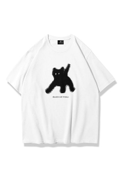 Trendiz Unisex Black Cat Pixel Tshirt White