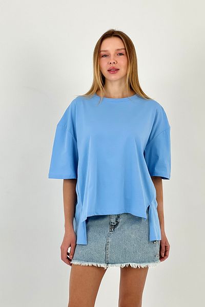 Miss Poem Women's Summer Short Sleeve Loose Oversize Blue T-Shirt