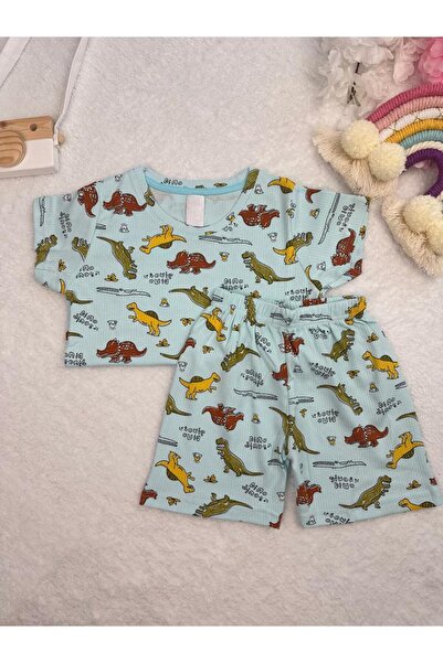 Little Miny Kids Minykids Dinosaur Patterned Twill Fabric Blue Shorts Pajama Set