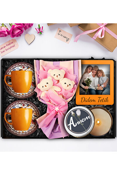 Apollon Gift Shop Anneler Gününe Özel Desenli İkili Turuncu Fincan & Üçlü Pel...