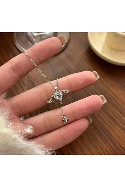 toptanhanem Kalp Detaylı Melek Kanadı Kolye – Beyaz Zirkon Taşlı Kararmaz Alt...