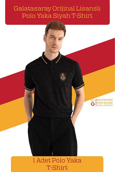 Galatasaray Γνήσιο μαύρο μπλουζάκι με γιακά πόλο με άδεια χρήσης