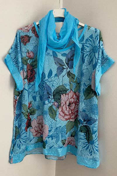 AYASOFYA OTANTIK Italian Turquoise Scarf Rose Patterned Women's Blouse Loose and Hem