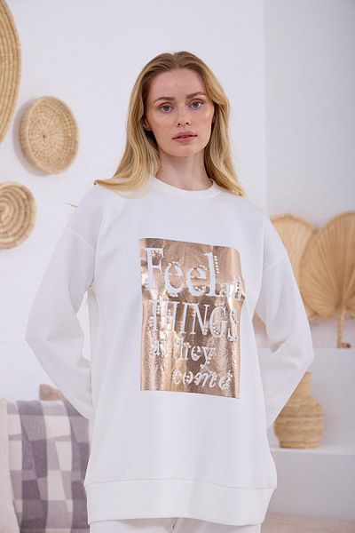 Moodbasic Moodbasic Pearl Detailed Printed Sweatshirt-21298