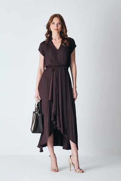 EXPLOSION Shiny Textured Gold Accessories V-Neck Double Breasted Closure Satin Midi Dress