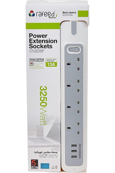 RAFEED Power Extension Cable 3M 4 Sockets, 3 USB charging port, 3120 Watts