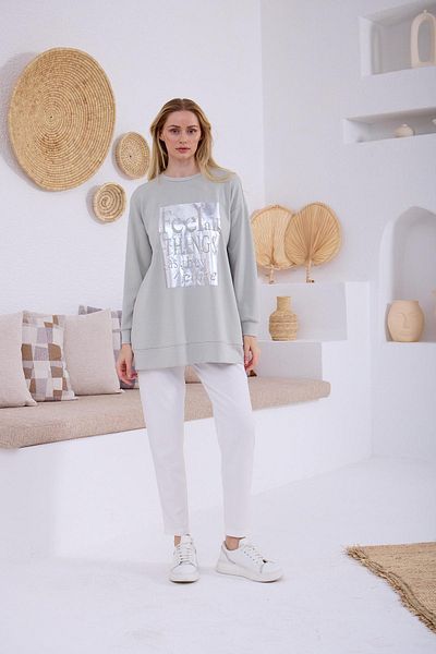 Moodbasic Moodbasic Pearl Detailed Printed Sweatshirt-21298