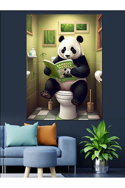Tablomega Panda in the Toilet Decorative Canvas - Mdf Wooden Table