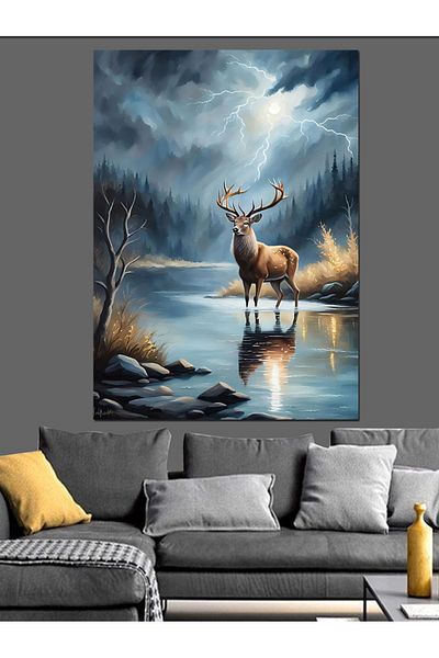 Tablomega Deer by the Lake Decorative Canvas - Mdf Wooden Painting