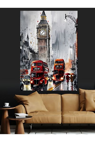 Tablomega Big Ben and Red Buses Decorative Canvas - Mdf Wooden Painting