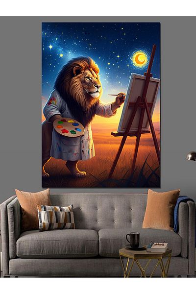 Tablomega Lion Night Painter Decorative Canvas - Mdf Wooden Painting