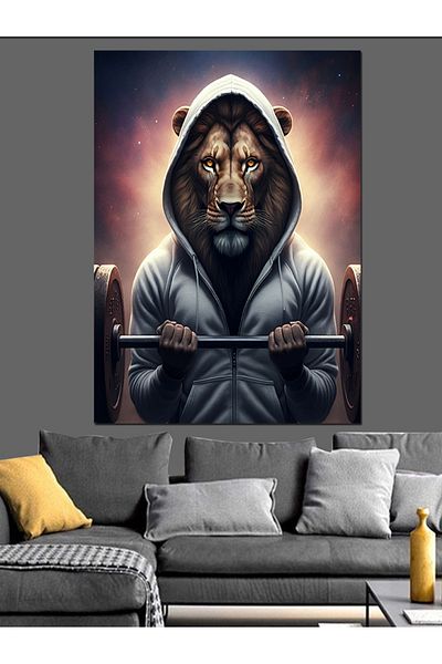 Tablomega Weight Lifting Lion Decorative Canvas - Mdf Wooden Table