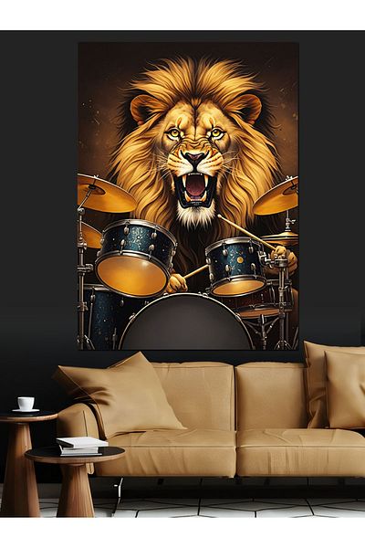 Tablomega Drum Playing Lion Decorative Canvas - Mdf Wooden Painting