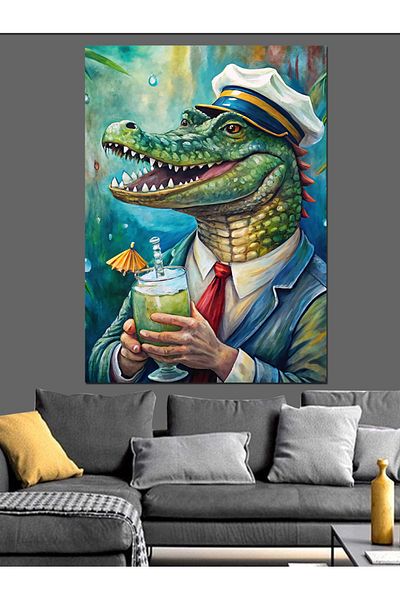 Tablomega Juice Drinking Crocodile Decorative Canvas - Mdf Wooden Painting