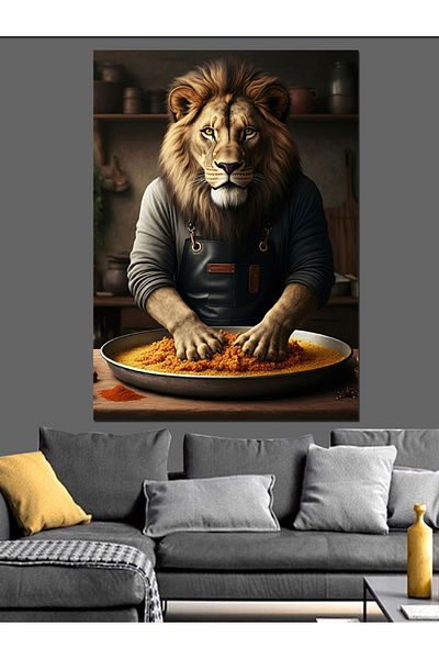 Tablomega Lion Making Raw Meatballs Decorative Canvas - Mdf Wooden Painting