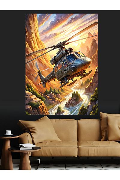 Tablomega Elicopter pe Munte Pânză Decorativă - Lemn MDF