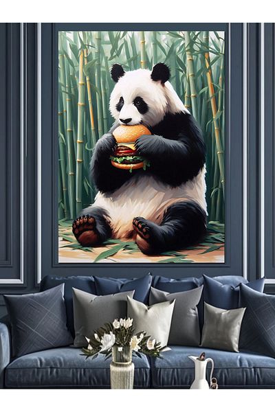 Tablomega Panda care mănâncă bambus și hamburger Pânză decorativă - Lemn MDF
