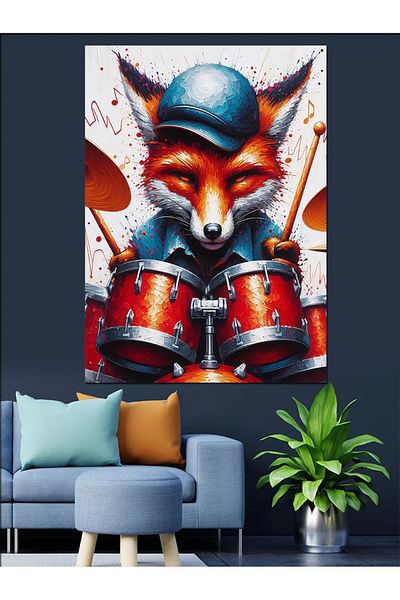 Tablomega Fox Playing Drums Decorative Canvas - Mdf Wooden Painting