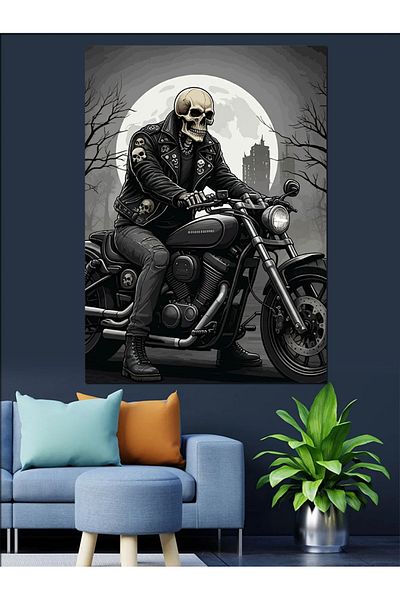 Tablomega Skeleton Biker Decorative Canvas - Mdf Wooden Painting