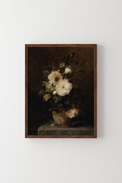 epiqart Beyaz Güllerle Natürmort - Ahşap Desenli Çerçeve