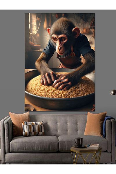 Tablomega Bulgur Kneading Monkey Decorative Canvas - Mdf Wooden Table
