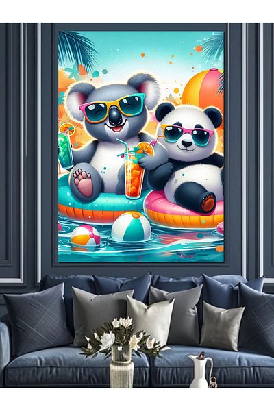 Tablomega Koala and Panda in the Pool Decorative Canvas - Mdf Wooden Painting